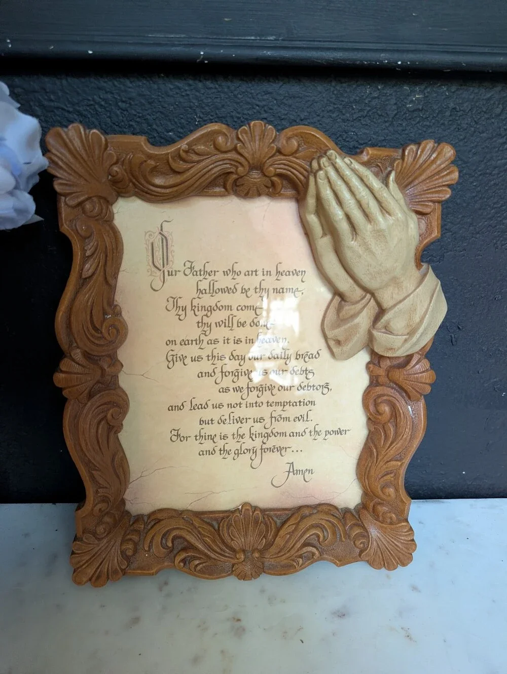 Vintage Burwood 3D Religious Art The Lords Prayer in Ornate Praying Hands Resin